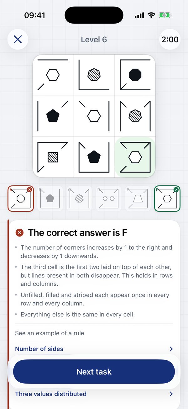 The answer after a wrong choice: the correct option marked and every rule explained in text.