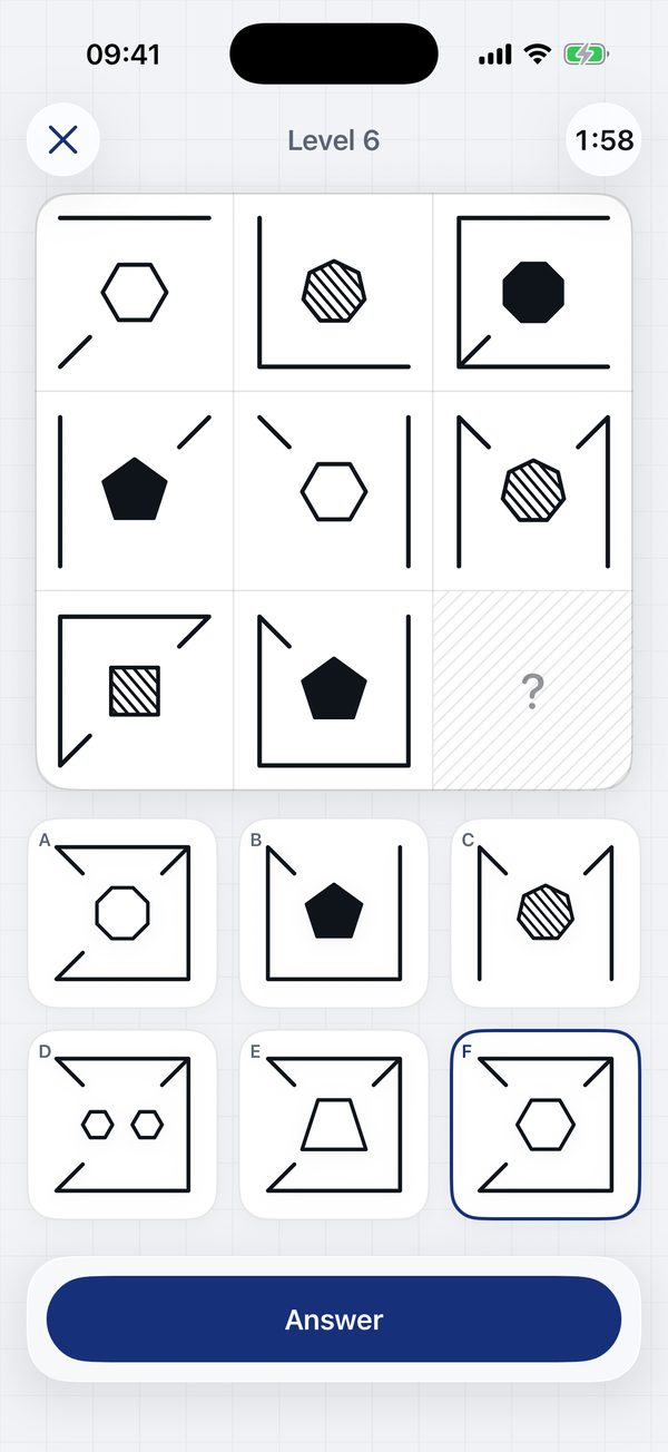The task screen: a matrix of three by three figures, one cell missing, six options below.